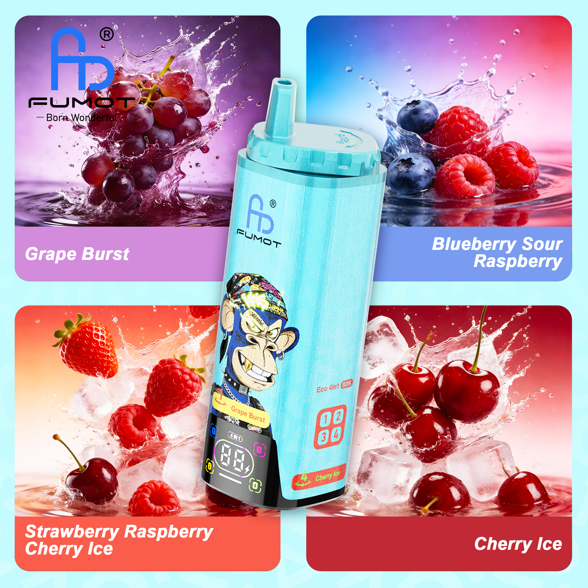 Grape Burst & Blueberry Sour Raspberry & Strawberry Raspberry Cherry Ice & Cherry Ice 